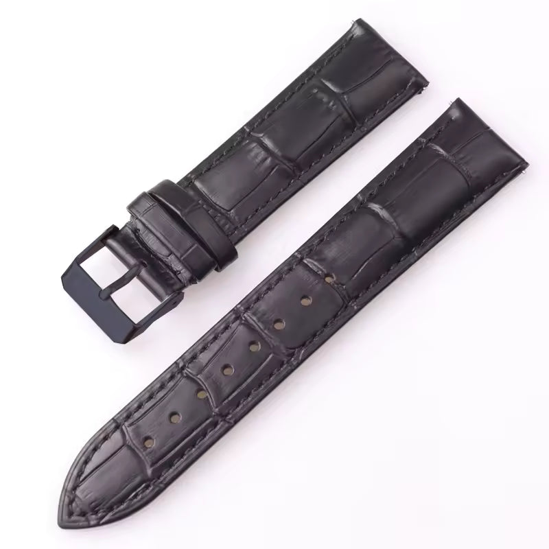 Black leather watch strap with croc print and black buckle