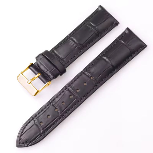 Black leather watch strap with croc print and gold buckle