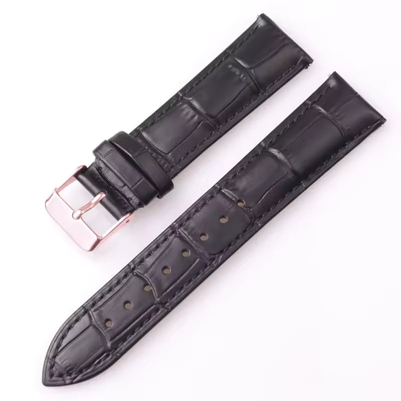 Black leather watch strap with croc print and rose gold buckle