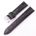 Black leather watch strap with croc print and silver buckle