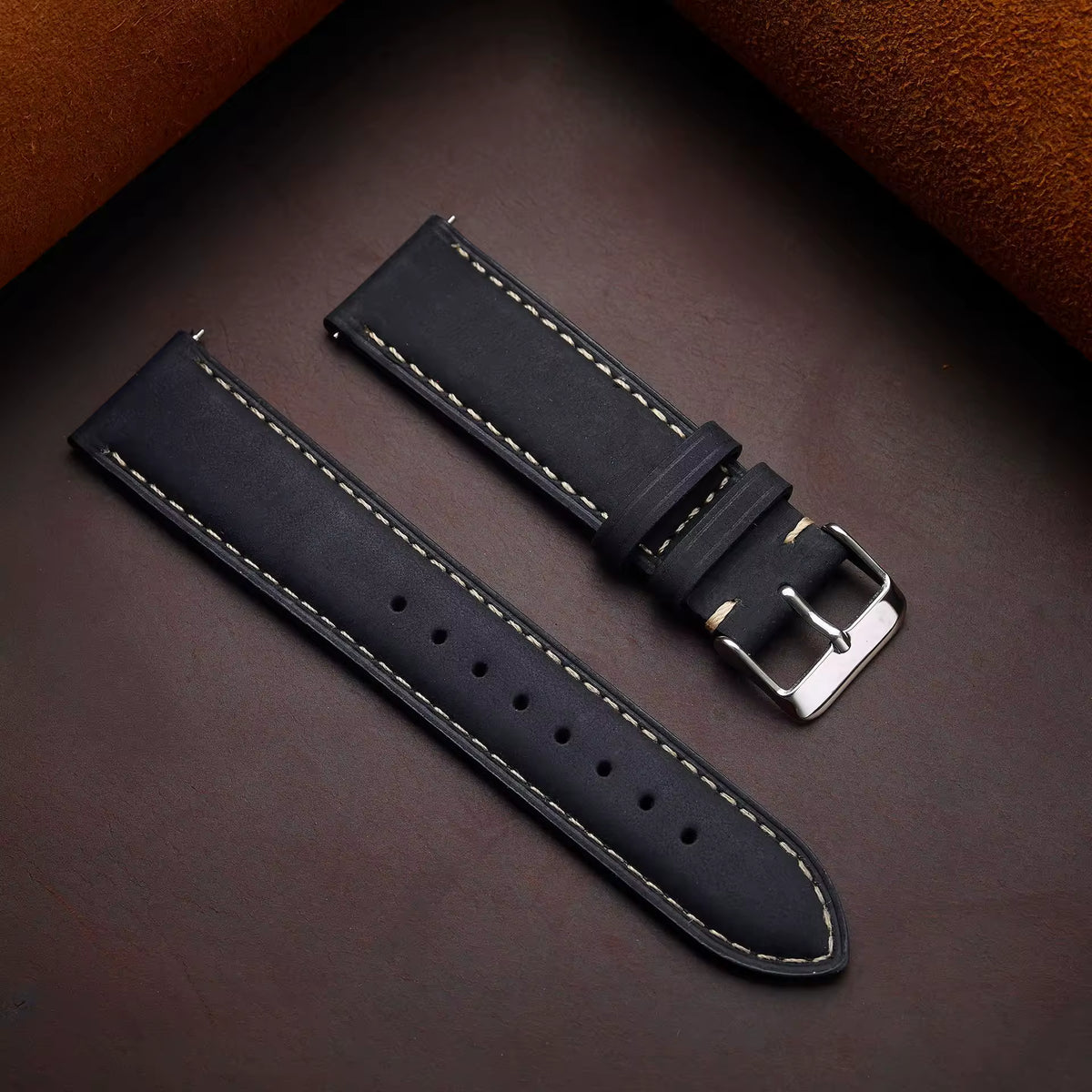 Crazy horse full-grain leather watch strap in black