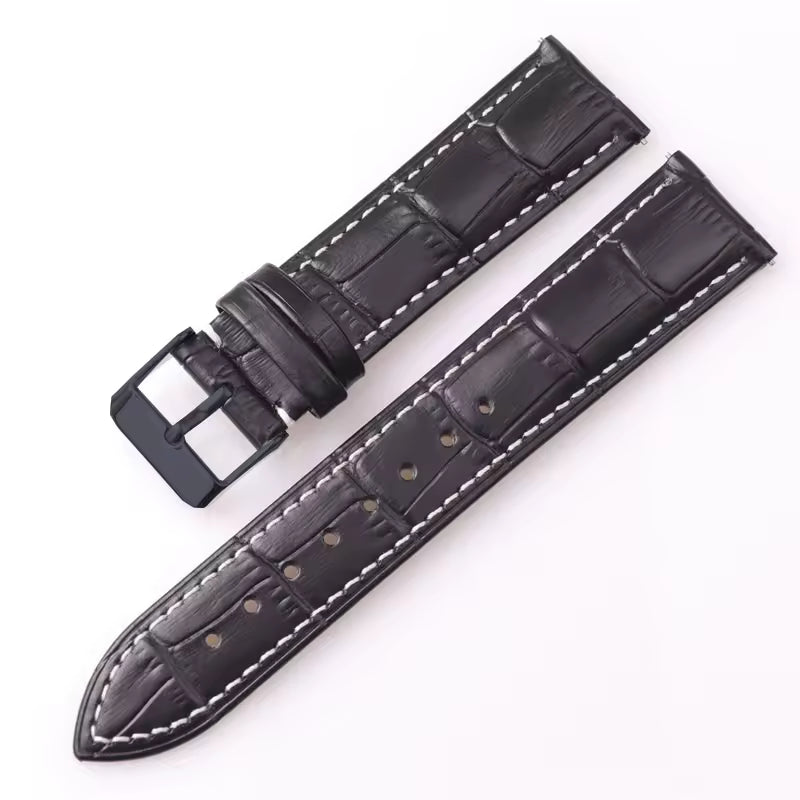 Black leather watch strap with white stitching, croc print and black buckle