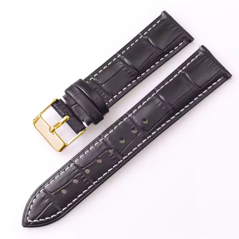 Black leather watch strap with white stitching, croc print and gold buckle