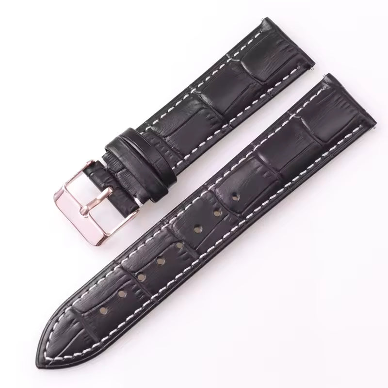 Black leather watch strap with white stitching, croc print and rose gold buckle