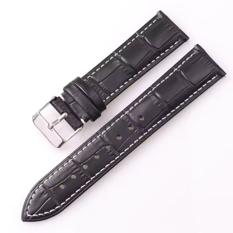 Black leather watch strap with white stitching, croc print and silver buckle