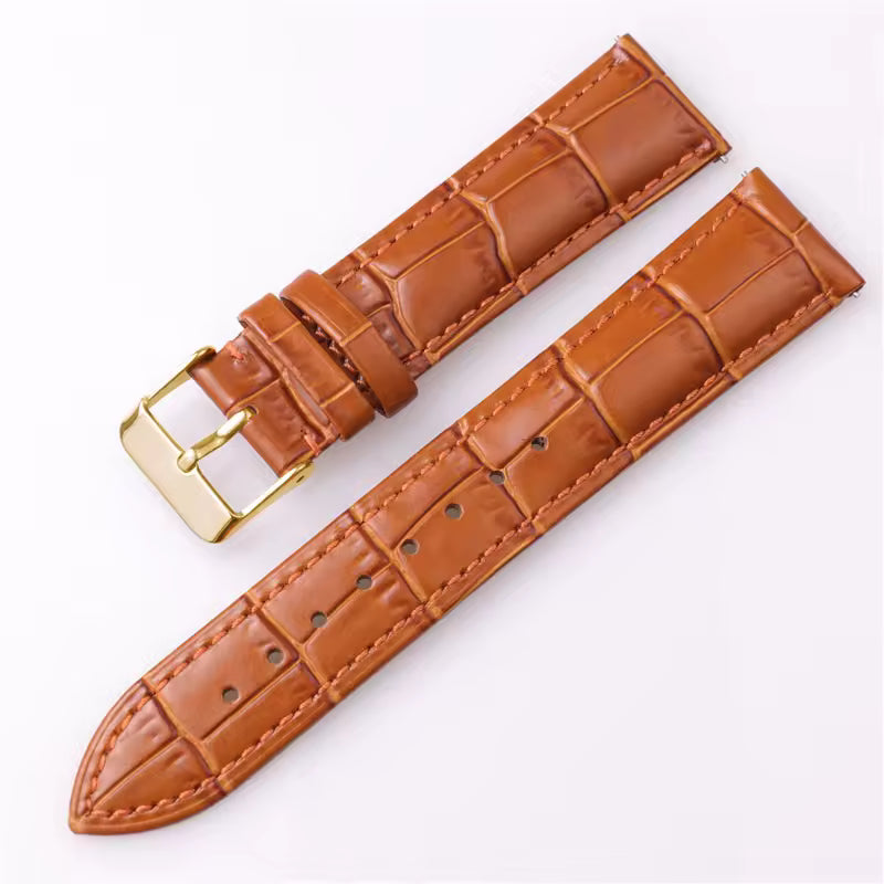 Brown leather watch strap with croc print and gold buckle