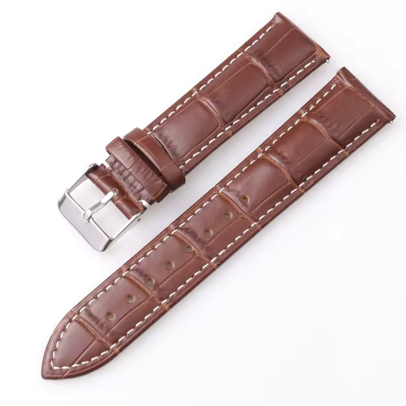 Dark brown leather watch strap with white stitching, croc print and silver buckle