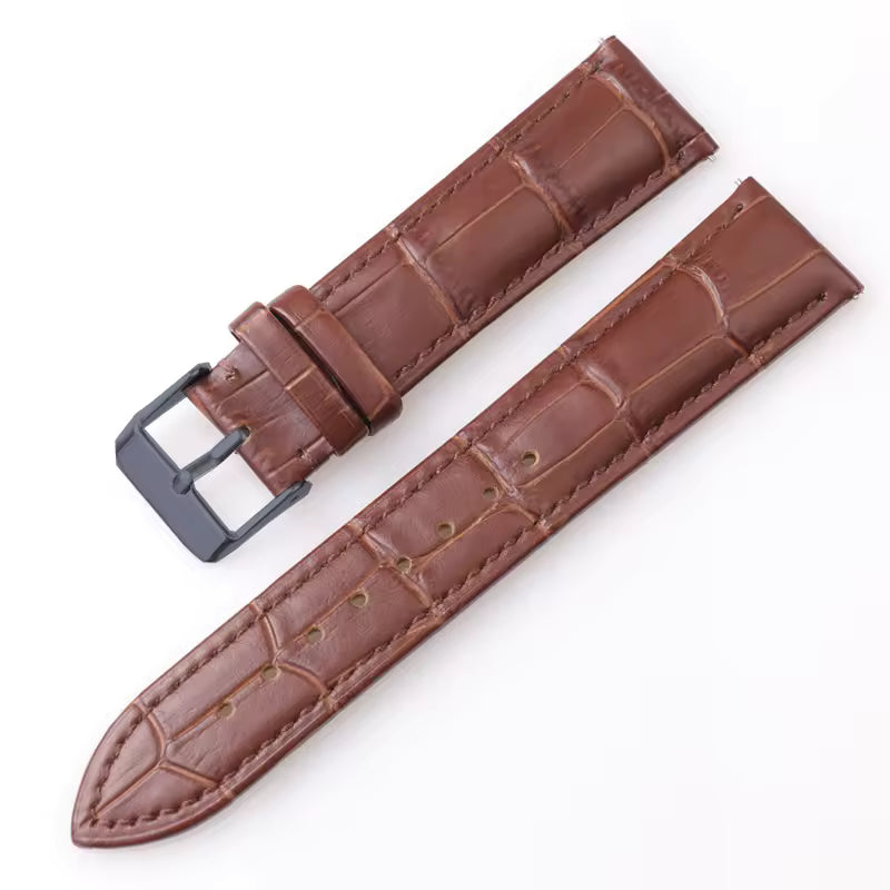 Dark brown leather watch strap with croc print and black buckle