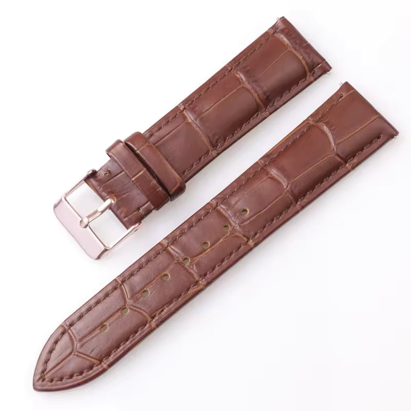 Dark brown leather watch strap with croc print and rose gold buckle