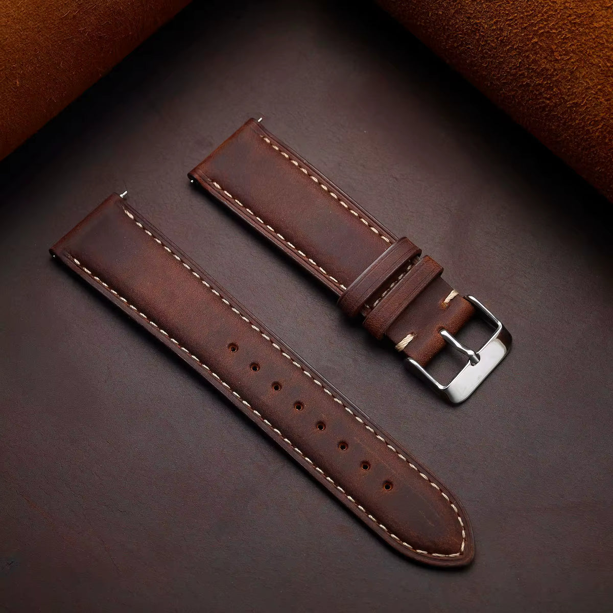 Crazy horse full-grain leather watch strap in dark brown