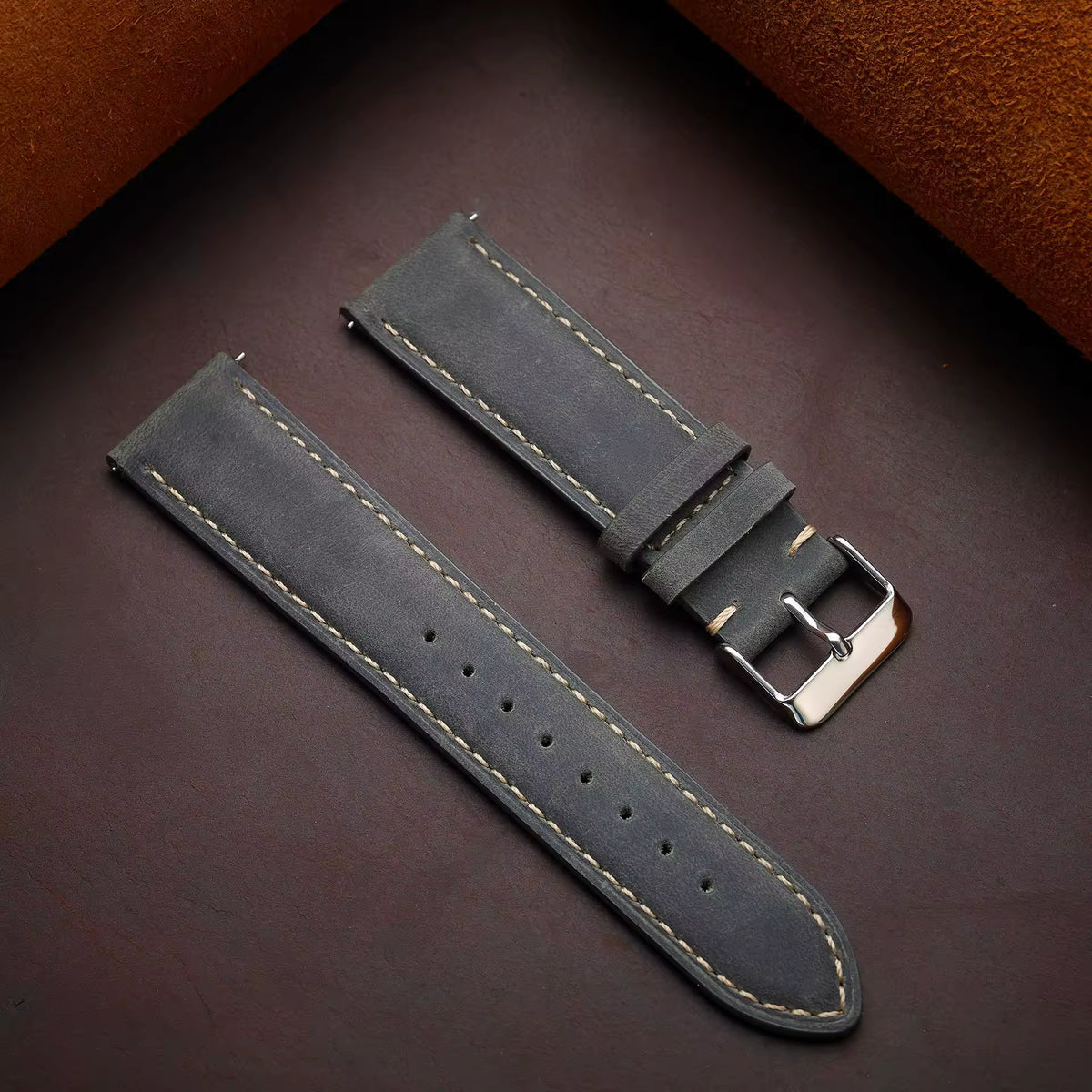 Crazy horse full-grain leather watch strap in grey