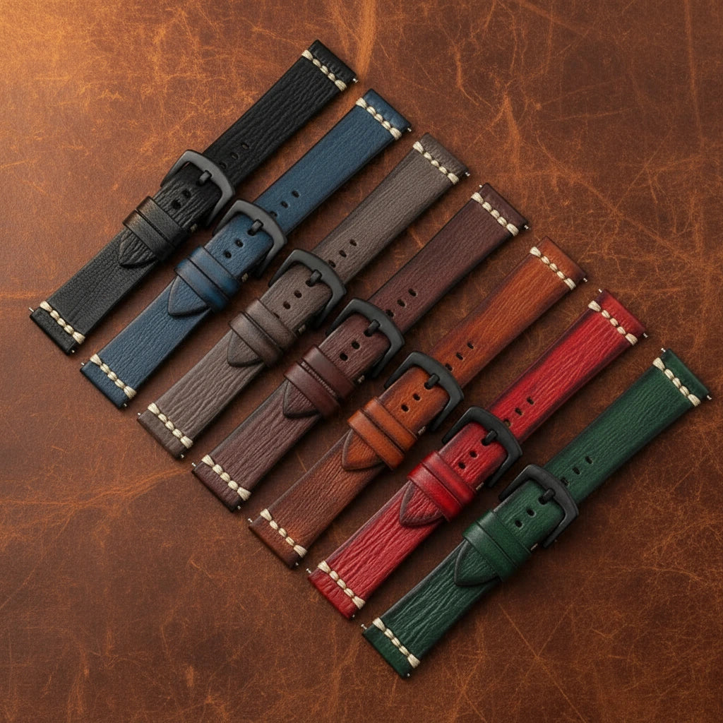 Seven watch strap colors available, including black, navy, brown, burgundy, red, and green, arranged diagonally on a leather background. A circular badge in the top right indicates a gift with two metal pins, and red text at the top left reads '7 Colors Available'.