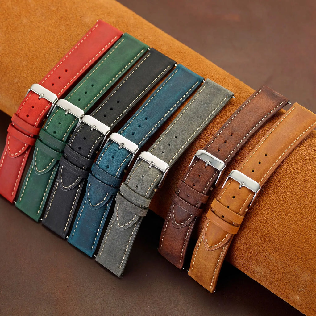 Crazy horse full-grain leather watch strap - front view