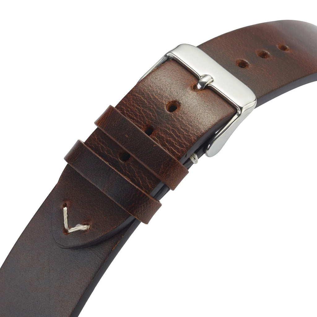 Genuine top-grain cowhide leather watch strap - buckle close-up