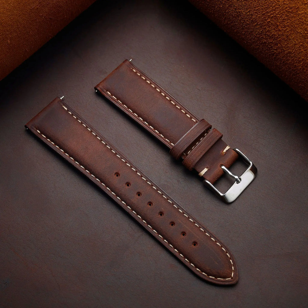 Crazy horse full-grain leather watch strap - stitching detail