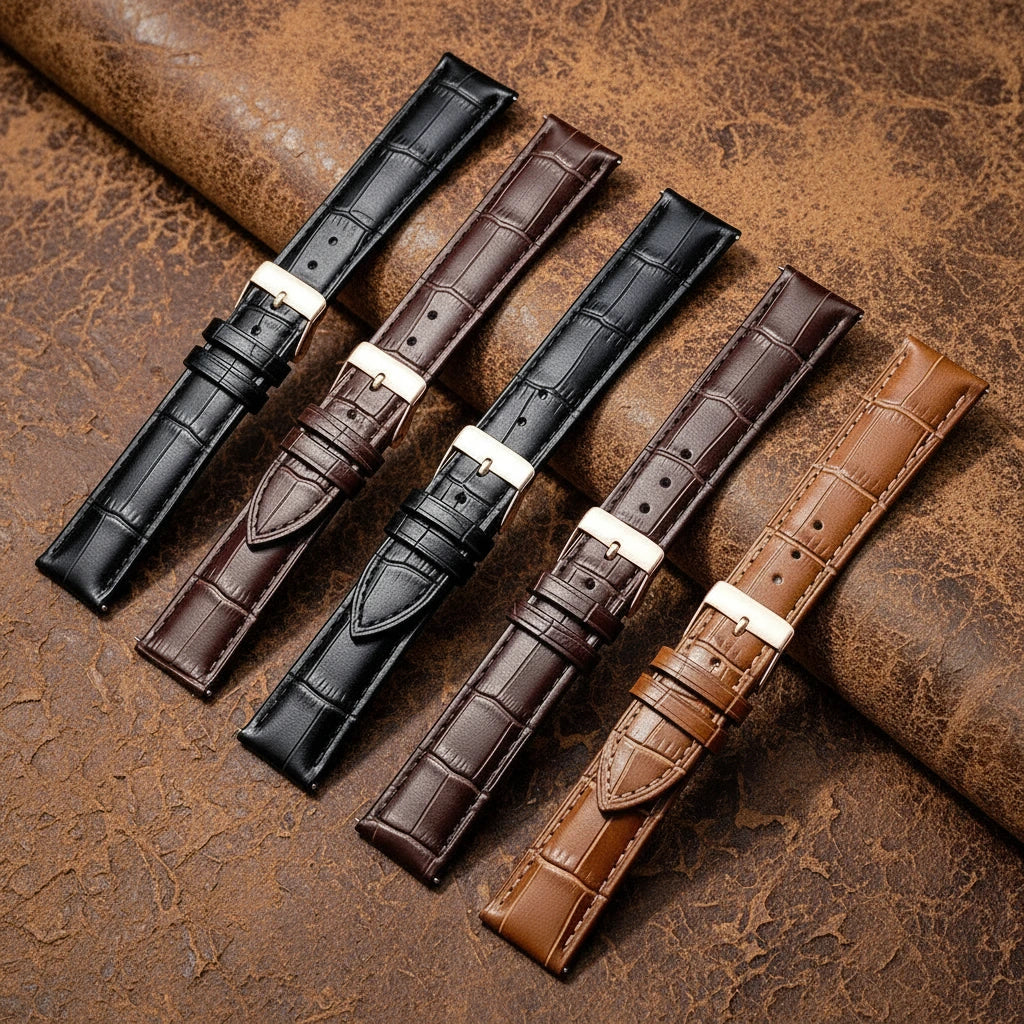 Genuine leather watch strap with silver buckle - carved pattern detail