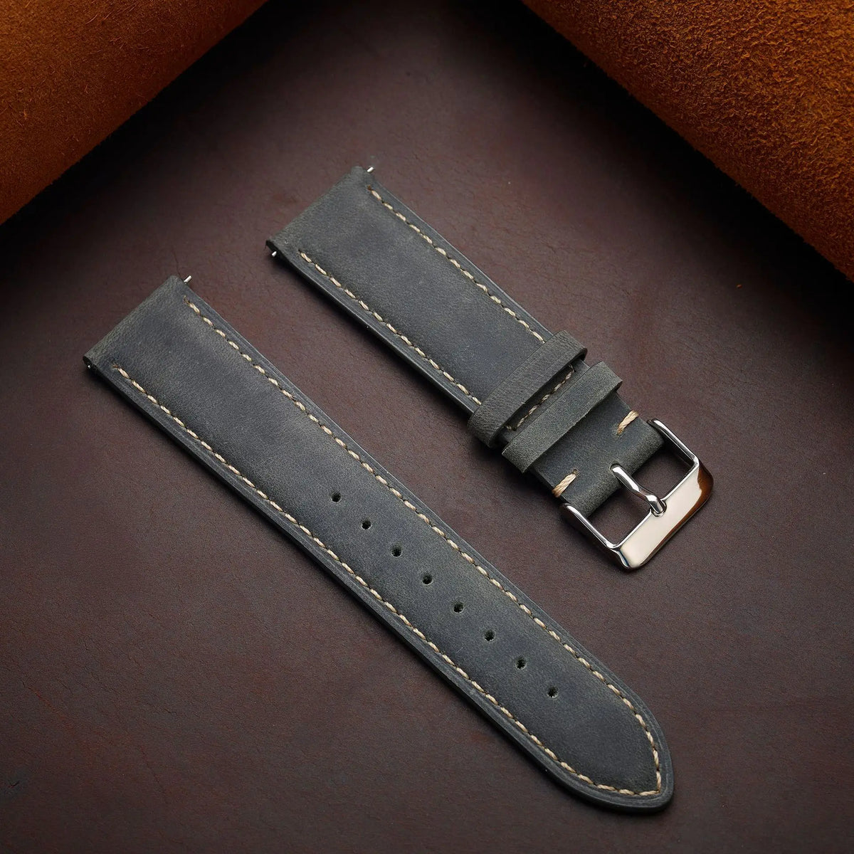 Crazy horse full-grain leather watch strap - flat lay