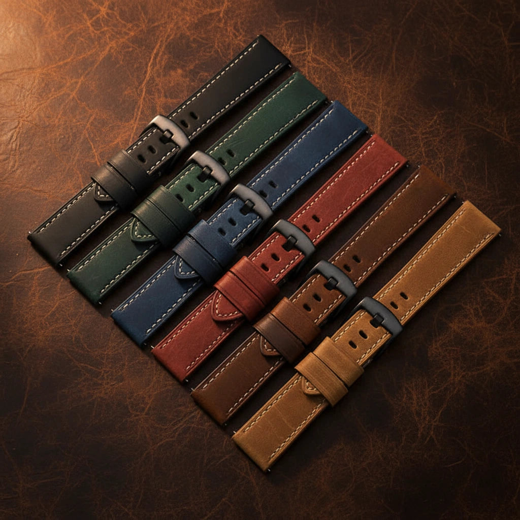 Six leather watch straps in different colors arranged diagonally on a white background: black, dark green, blue, red, brown, and tan. Each strap has white stitching and a dark metal buckle.
