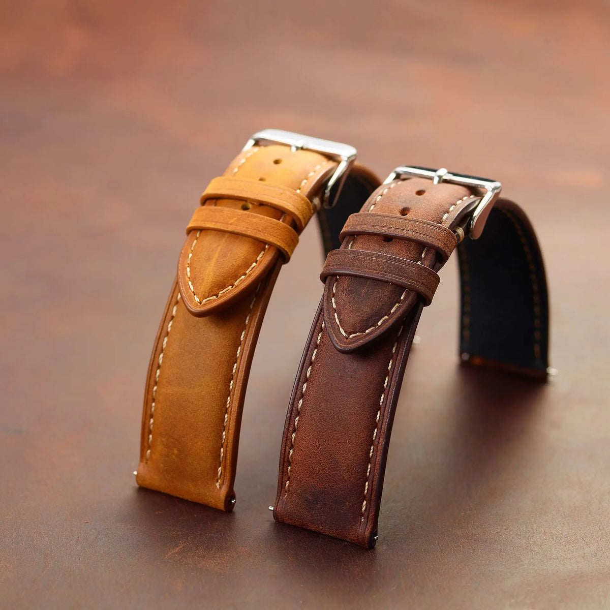 Crazy horse full-grain leather watch strap - detail view