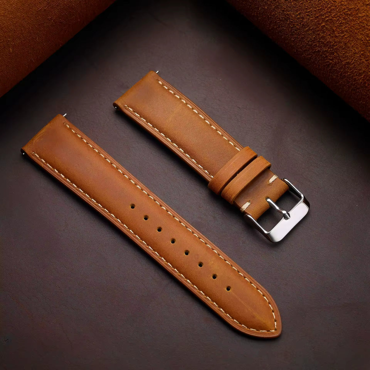 Crazy horse full-grain leather watch strap in light brown