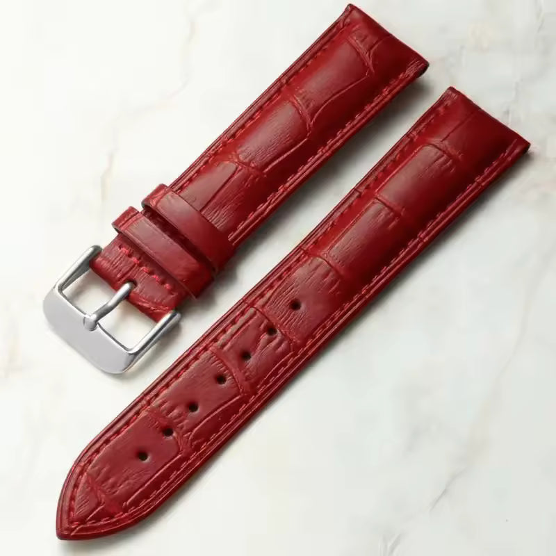 Red leather watch strap with croc print and silver buckle