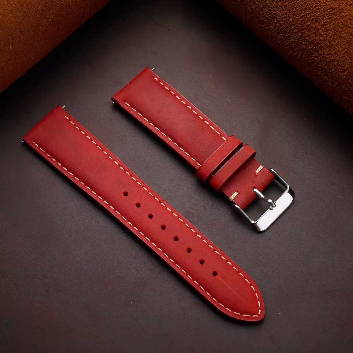 Crazy horse full-grain leather watch strap in red
