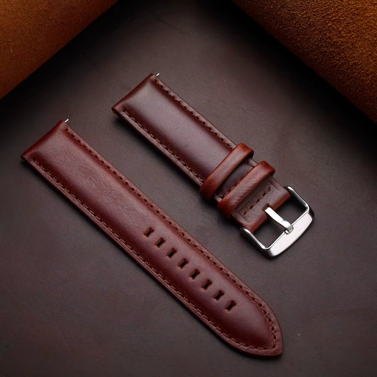 Artisan Reserve leather watch strap in red brown