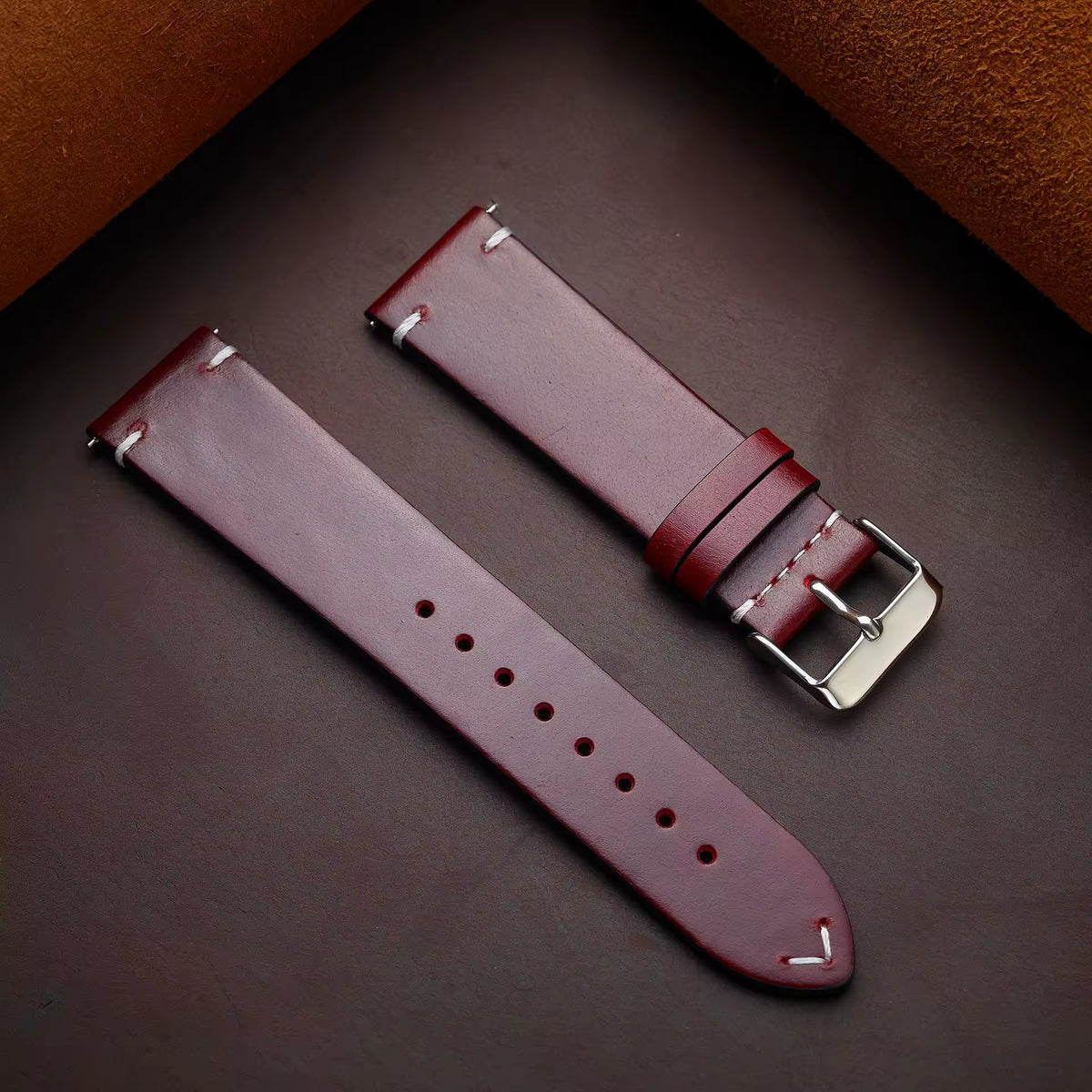 Genuine top-grain cowhide leather watch strap in wine red